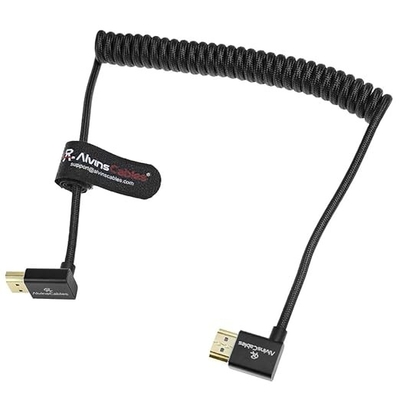 Alvin's Cables 8K HDMI 2.1 Cable 48Gbps 8K@60Hz 4K@120Hz High-Speed Braided Coiled Cable for Sony FS5 FS7 FX9,BMPCC,for Canon C300 C500,for Atomos Ninja,for Feelworld,Right to Up Angle Black