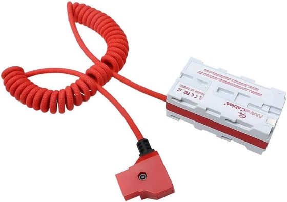 Alvin's Cables Dual-Sided NP-F Dummy Battery to Red Dtap Ultra Soft Coiled Power Cable for Atomos Ninja V|Atomos Shogun|SmallHD 702, for Sony NP-F550|F570|F770|F970, Red