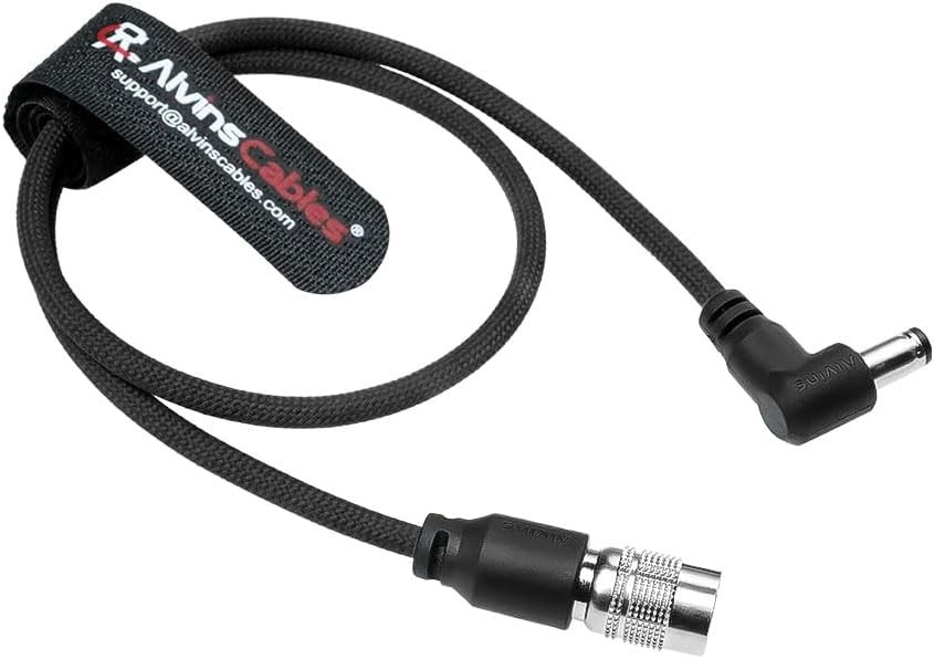Alvin's Cables Ultra Flexible Hirose 4 Pin Male to DC Right Angle Braided Power Cable for Blackmagic's Cinema Camera 4k, for Sound Devices 633|644|688, Zoom F8 Recorder, 45cm|17.7in, Black