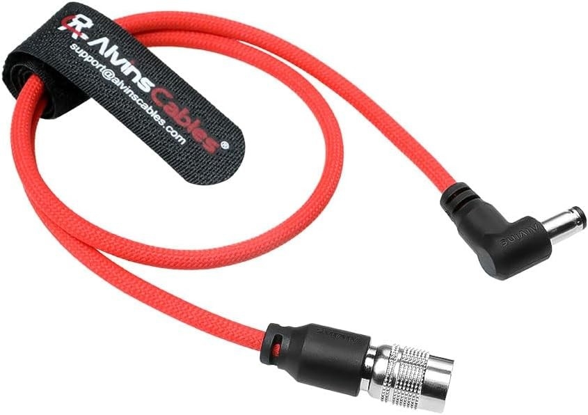 Alvin's Cables Ultra Flexible Hirose 4 Pin Male to DC Right Angle 5.5MM x 2.5MM Braided Power Cable for Blackmagic's cinema camera 4k, for Sound Devices 633|644|688, ZOOM F8 Recorder, 45cm|17.7in, Red